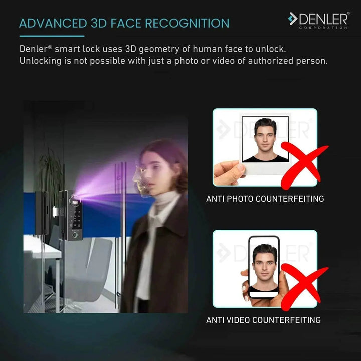 Denler DFS04 Glass Door Lock, Digital Door Lock with 3D Face Recognition, Inbuilt Wi-Fi, Fingerprint Lock, RF Remote, Card, PIN - Denler