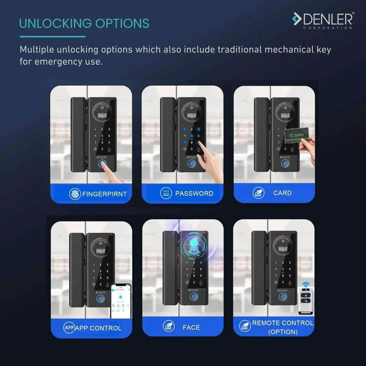 Denler DFS04 Glass Door Lock, Digital Door Lock with 3D Face Recognition, Inbuilt Wi-Fi, Fingerprint Lock, RF Remote, Card, PIN - Denler