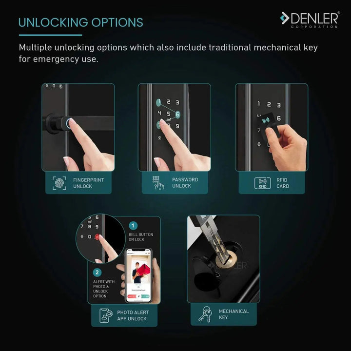 Denler DL04HB Black Smart Lock, Digital Door Lock, Wi-Fi Remote Unlock Using App, Fingerprint, RFID Card, PIN, Keys - Denler
