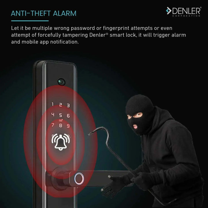 Denler DL04HB Black Smart Lock, Digital Door Lock, Wi-Fi Remote Unlock Using App, Fingerprint, RFID Card, PIN, Keys - Denler