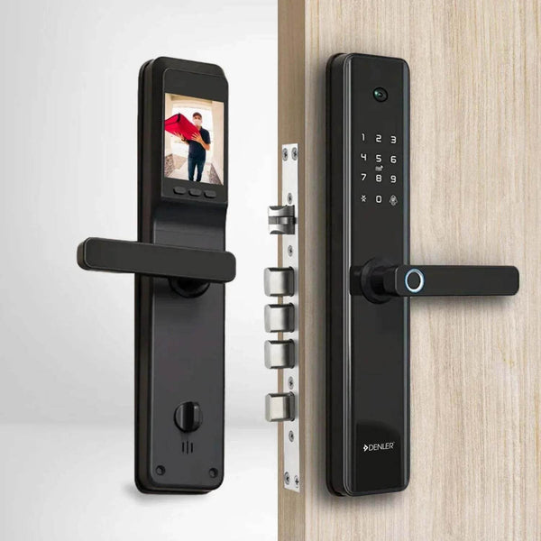 Denler DL04HB black smart lock with fingerprint, RFID, PIN, mechanical key, Wi-Fi remote unlock, and built-in camera on wooden door