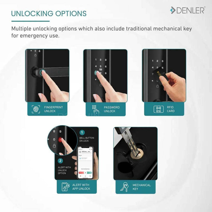 Denler DL05v3 Fingerprint Lock, Smart Door Lock, Digital Door Lock, Inbuilt Wi-Fi, RFID Card, PIN, Keys - Denler
