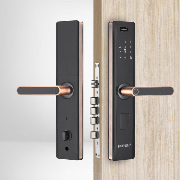 Denler DL05 Pro Smart Door Lock with fingerprint, RFID, PIN, mechanical key, and inbuilt Wi-Fi for remote access on wooden door
