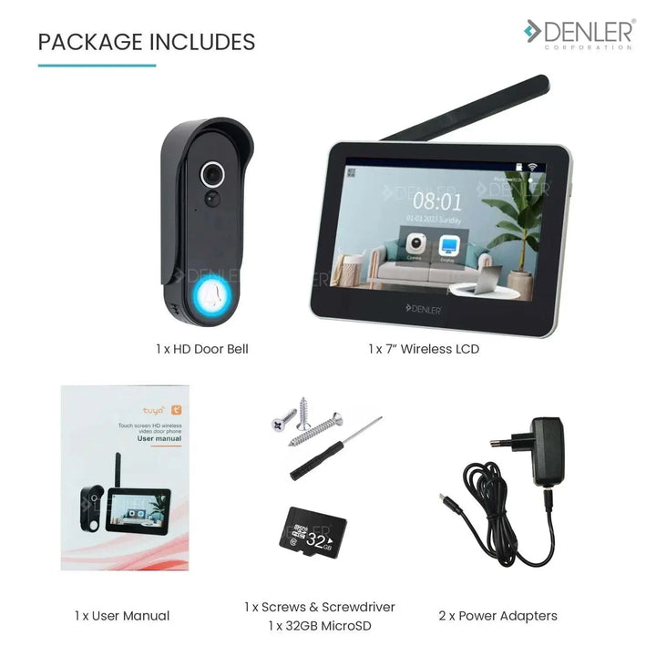 Wireless doorbell camera with 7-inch touchscreen LCD, 1080P HD wide-angle camera, motion sensor, IR night vision, and mobile app connectivity.