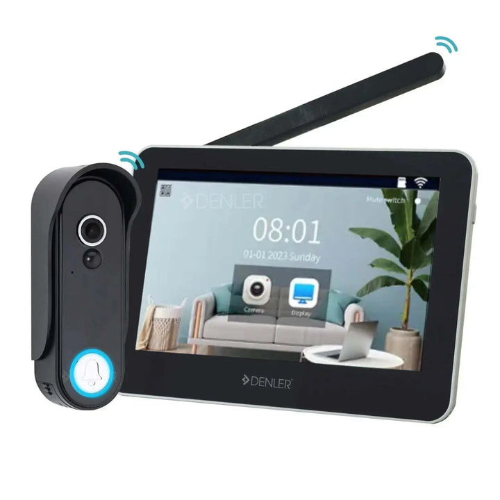 Wireless Denler VDP7W doorbell camera with 7-inch touchscreen display and HD video intercom system