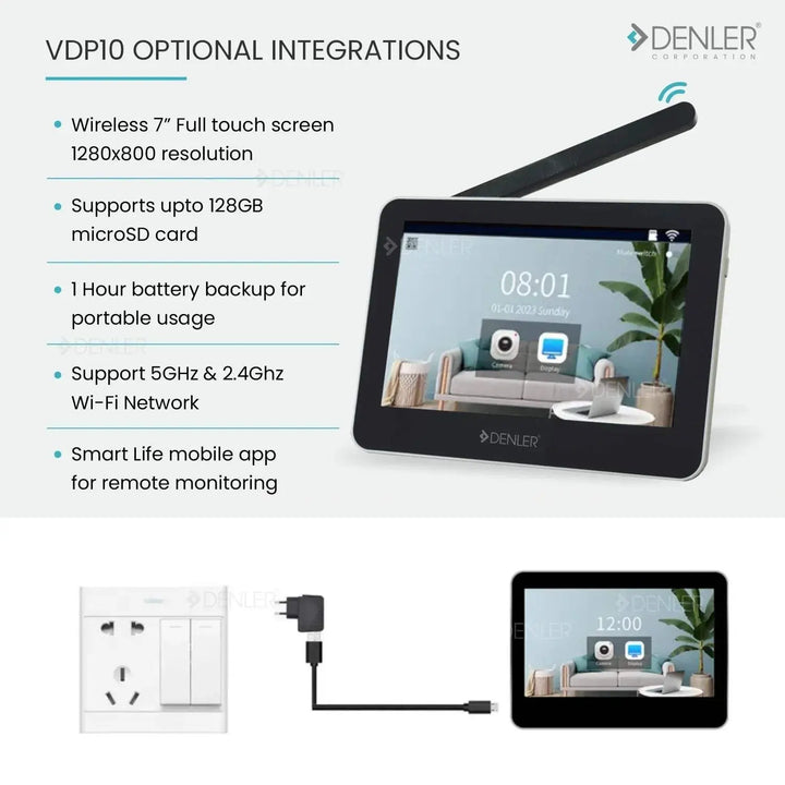 Wireless 7-inch touchscreen video doorbell camera with 1280x800 resolution, supporting 128GB microSD, 1-hour battery backup, dual-band Wi-Fi, and remote monitoring via mobile app.