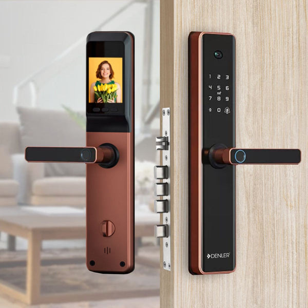Denler DL04H rose gold smart door lock with fingerprint, keypad, RFID, camera, and Wi-Fi remote unlock features.