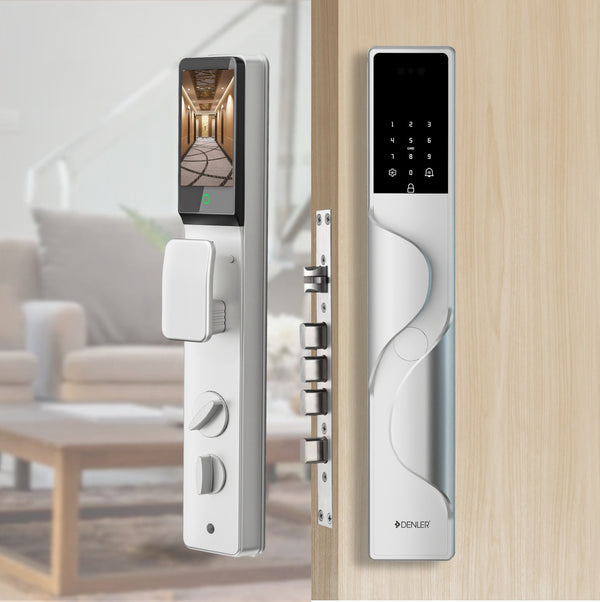 Denler FLv10 8-in-1 Silver Smart Door Lock | Doorbell Lock | Alexa Voice Unlock | 3D Face ID | RF Remote | Fingerprint | IP65 Waterproof | Anytime Video | Free Drawer Lock