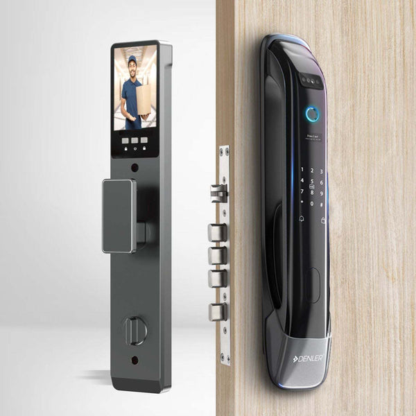Denler DL02 Smart Door Lock with fingerprint, RFID, PIN, face ID, app control, camera, and Wi-Fi for remote unlocking installed on wooden door