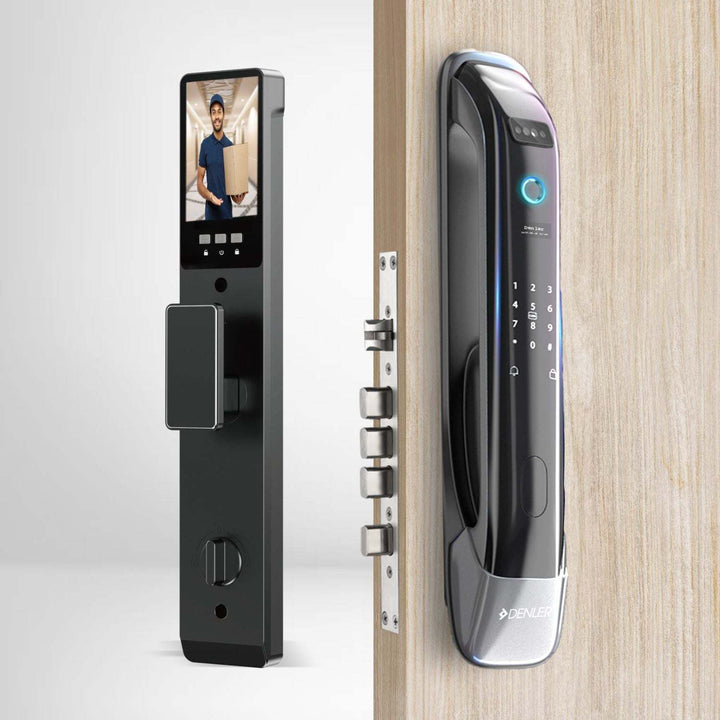 Denler DL02 Smart Door Lock with video display, fingerprint, RFID, PIN, key access, and Wi-Fi remote unlocking features