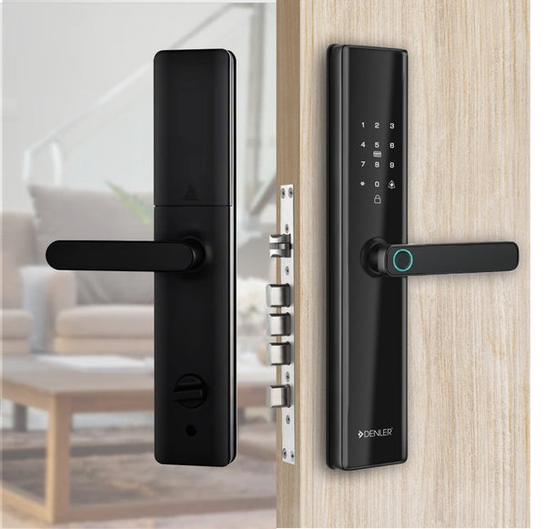 Denler DL05v3 fingerprint smart lock with digital keypad and handle on wooden door, black finish with Wi-Fi and multiple unlocking options.