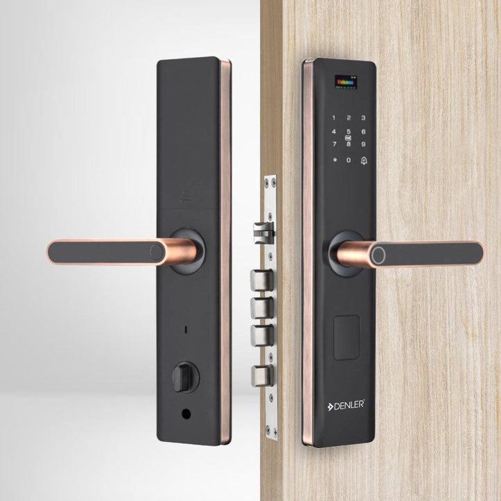 Denler DL05 Pro rose gold smart door lock with fingerprint, RFID, PIN, mechanical key, and built-in Wi-Fi for remote unlocking.