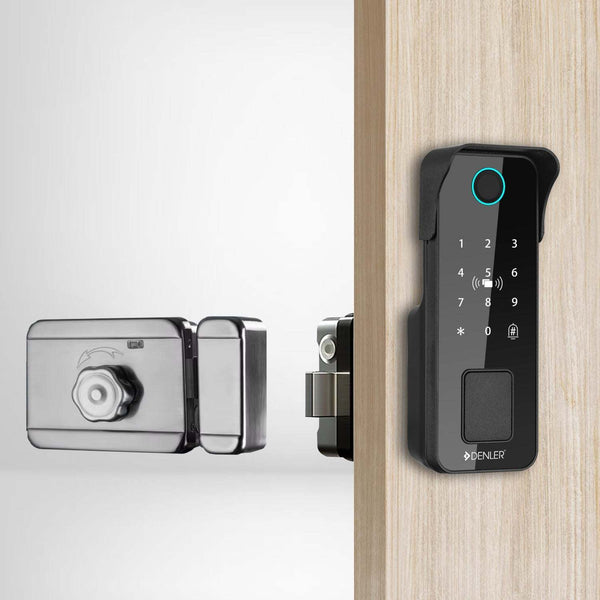Denler GL1 biometric fingerprint smart door lock with keypad, RFID card, Bluetooth, and mechanical key access for 30-60mm doors