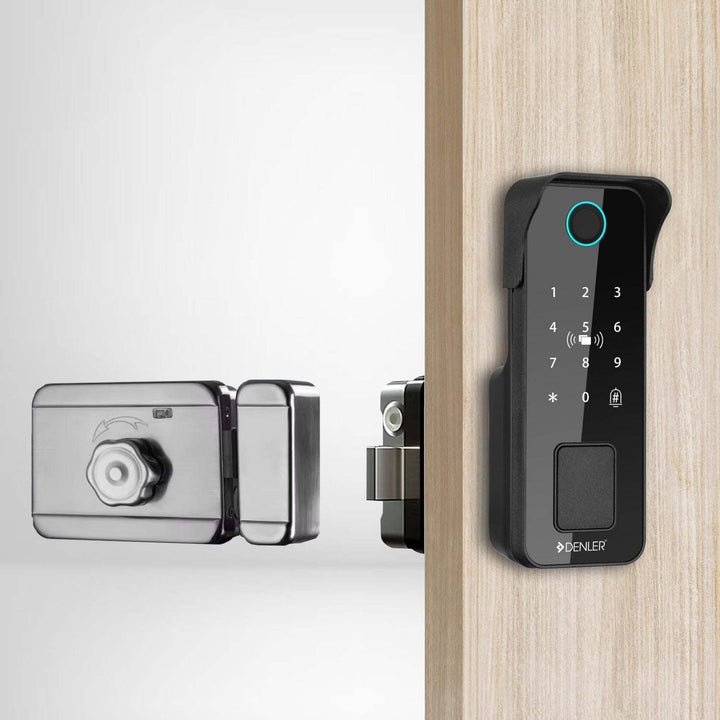 Denler GL1 biometric fingerprint smart door lock with keypad, RFID card, Bluetooth, and mechanical key access for 30-60mm doors