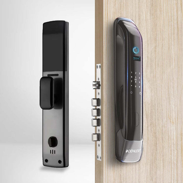 Denler DL01 Smart Door Lock with fingerprint sensor, keypad, RFID card, mechanical key, and inbuilt Wi-Fi for remote unlocking on wooden door