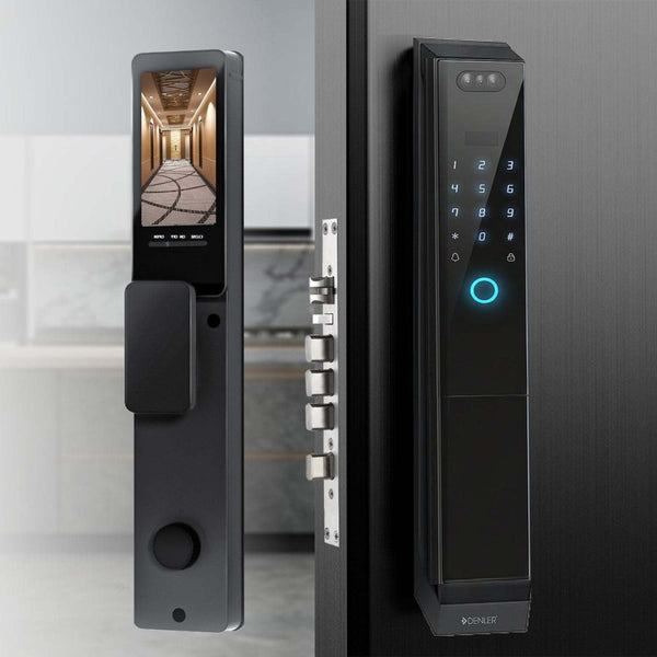 Denler F8 8-in-1 Smart Door Lock with 3D Face ID, fingerprint, keypad, RF remote, and video intercom on black modern door