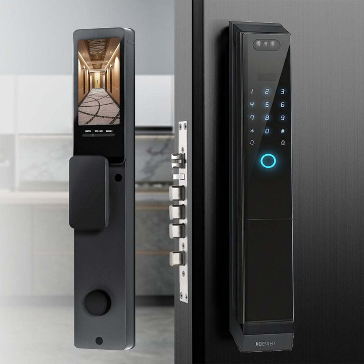 Denler F8 8-in-1 Smart Door Lock with 3D Face ID, fingerprint, keypad, RF remote, and video intercom on black modern door